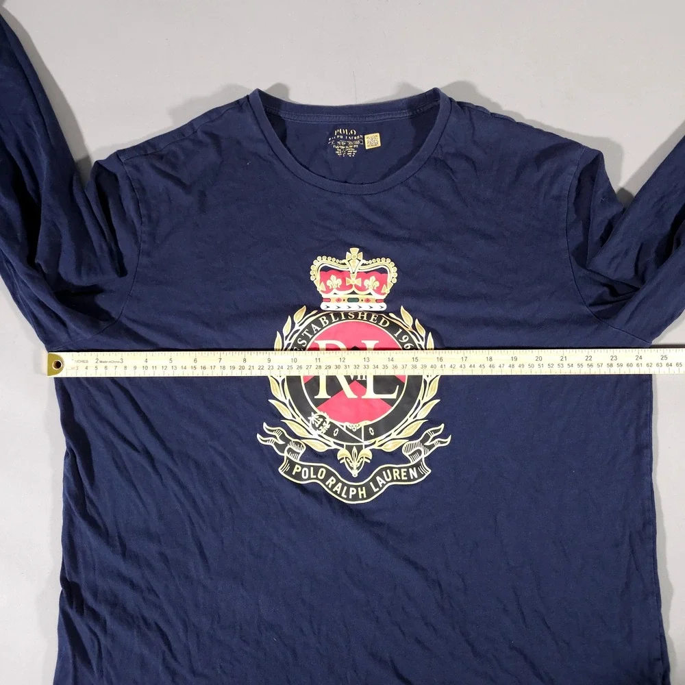 Polo Ralph Lauren T-Shirt Mens XL Navy Blue Crest Graphic Long Sleeve Slim Fit